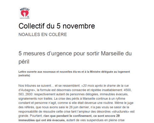 , Le Collectif du 5 novembre propose 5 mesures d&rsquo;urgence à la nouvelle municipalité, Made in Marseille