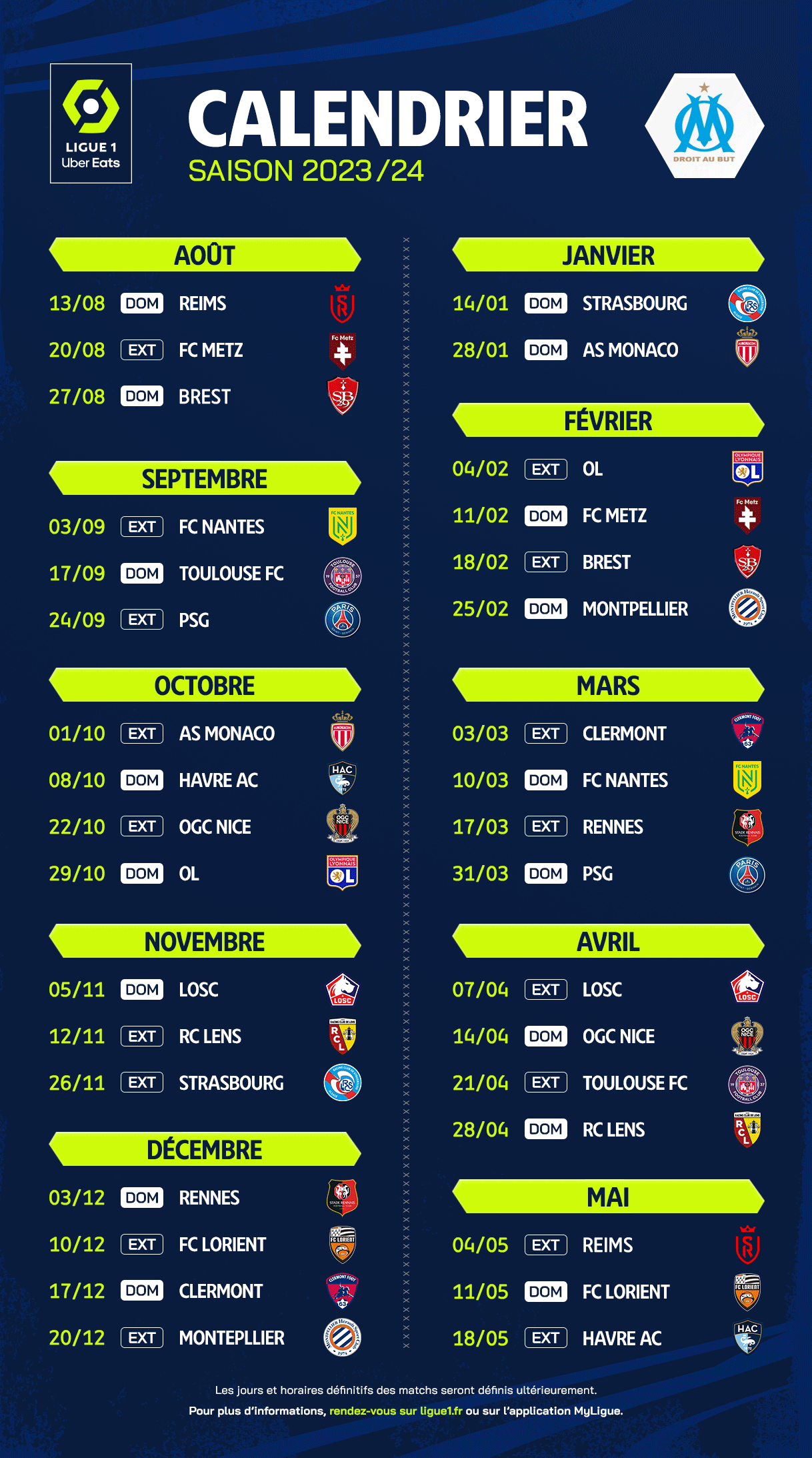 On connait le calendrier des matchs de Ligue 1 pour l'OM saison