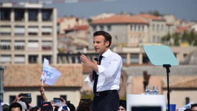 Le Président de la République, Emmanuel Macron, à Marseille, lors de son meeting de l'entre-deux-tours. © Narjasse Kerboua